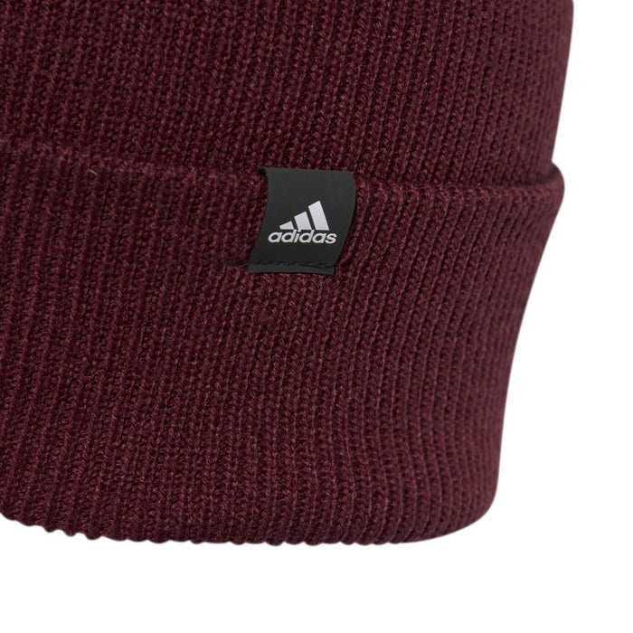 Adidas 2-color logo beanie in shadow red and white, knit hat with Adidas branding, perfect for cold weather.