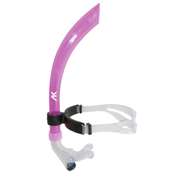 AK Junior Frontal Snorkel in pink, designed for kids, featuring a comfortable mouthpiece and adjustable top for safe snorkeling.