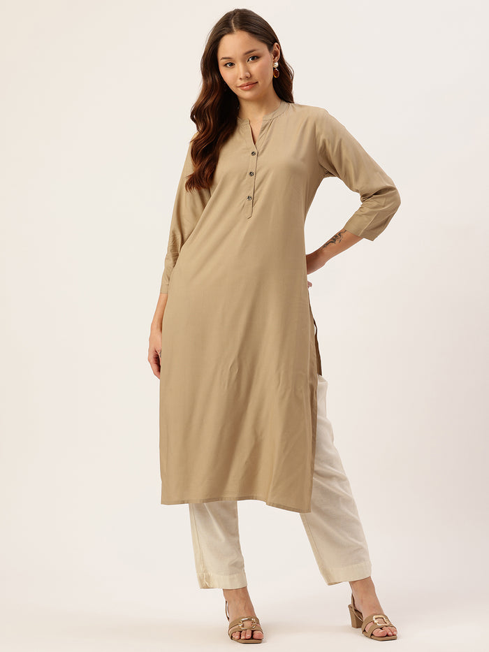 Almond Solid Mandarin Collar Straight Kurta, Plain Kurta