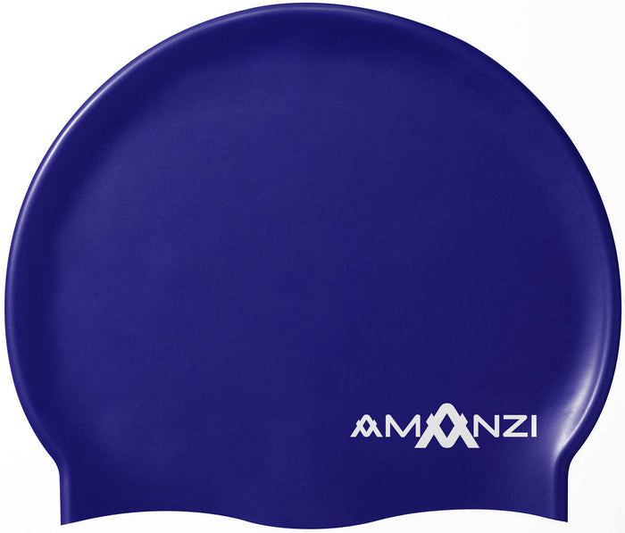 Amani Blueberry swim cap in vibrant blue, made of waterproof material, designed for comfortable swimming and water sports.