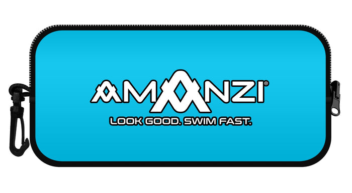 Amanzi Calypso neoprene goggle case in black with a zipper closure, designed to protect swimming goggles.