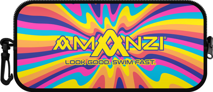 Amanzi Sundance neoprene goggle case with zipper closure, black and gray design, protecting swimming goggles.