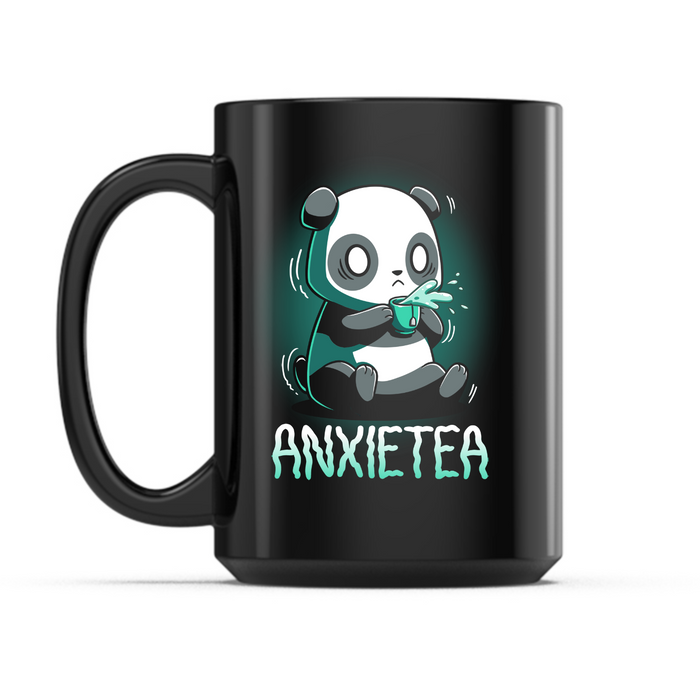 Ceramic Mug_TeeTurtle Anxietea black mug featuring an anxious panda holding a cup of tea with the caption, “Anxietea“.