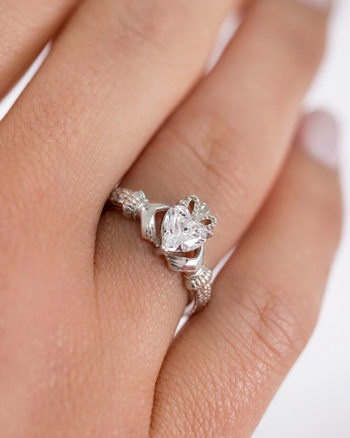 April Birthstone Crystal Sterling Silver Claddagh Ring