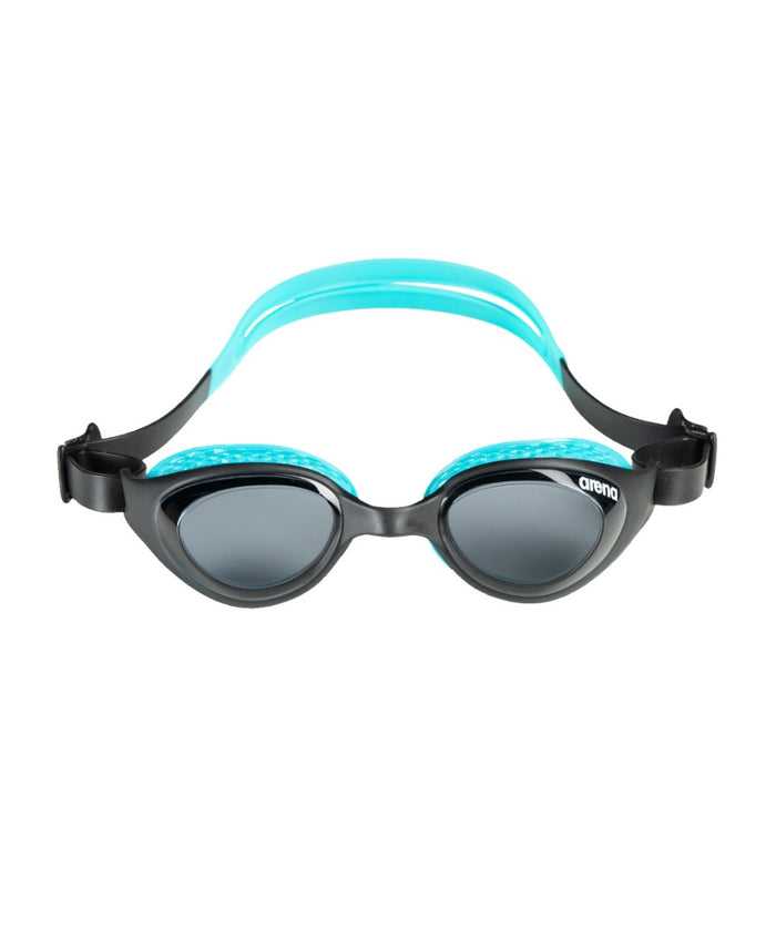Black Arena Air Junior Goggle with adjustable strap and clear lens, designed for young swimmers' comfort and fit.