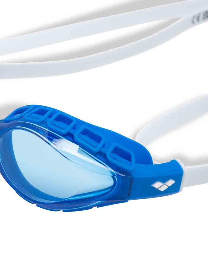 Blue Arena Air Sonic Racing Goggles with adjustable straps and aerodynamic design for competitive swimming.