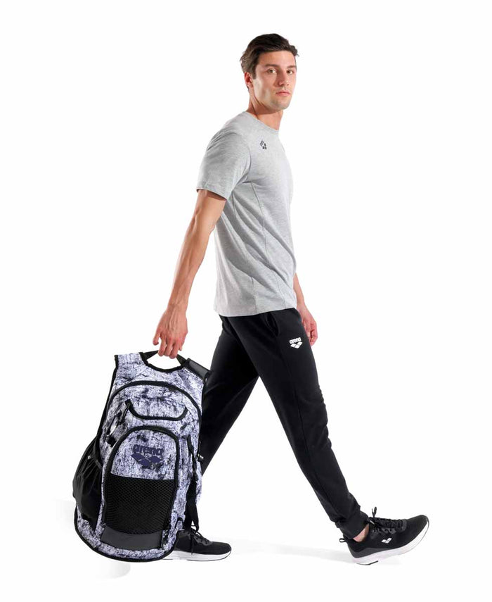 Arena All Set Allover Backpack 45L in lacquer finish, featuring multiple compartments and adjustable straps for versatile use.