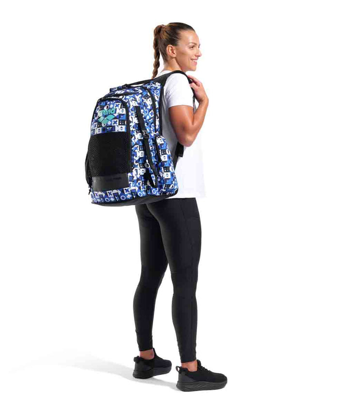 Arena All Set Allover Backpack 45L with multiple compartments, featuring a colorful allover design and adjustable straps.
