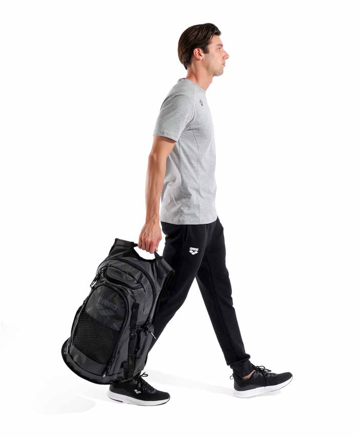 Black Arena All Set Backpack 45L with multiple compartments and padded straps, designed for sports and travel use.