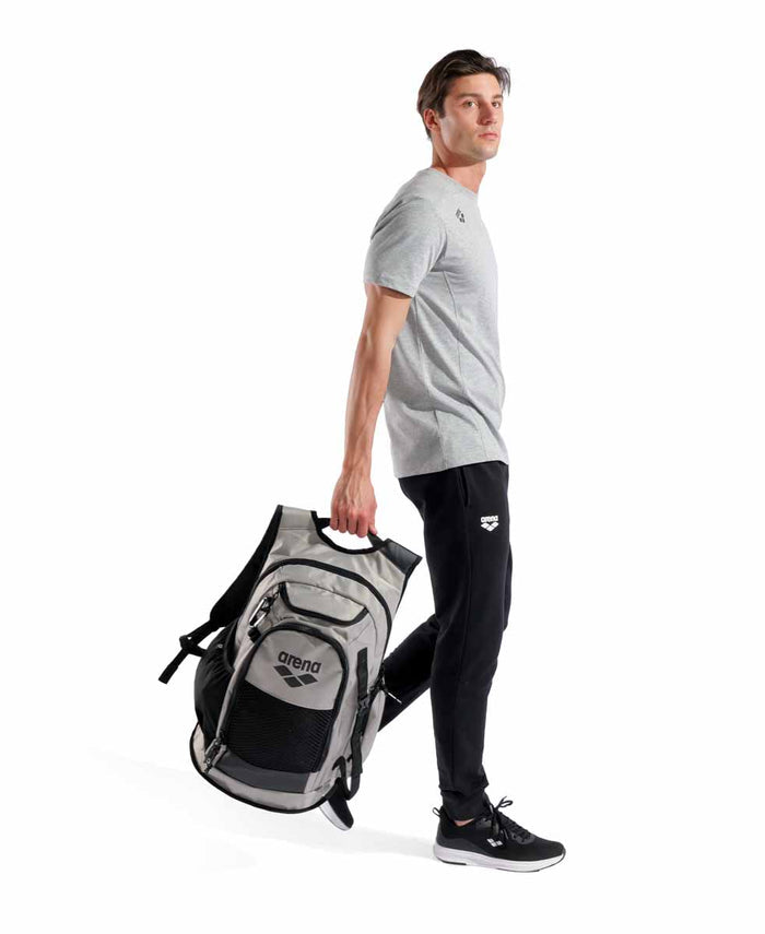 Arena All Set Backpack 45L in ice color, showing durable design with multiple compartments and adjustable straps for outdoor use.