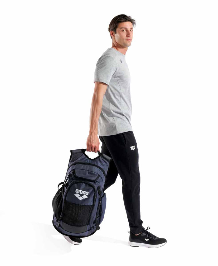 Arena All Set Backpack 45L in navy, showing a spacious sports backpack with multiple compartments and padded straps.