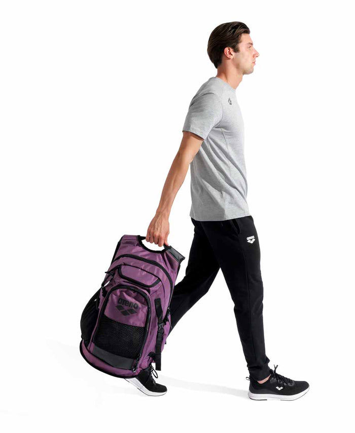 Arena All Set Backpack 45L in plum color, featuring multiple compartments and sturdy straps for sports and travel use.