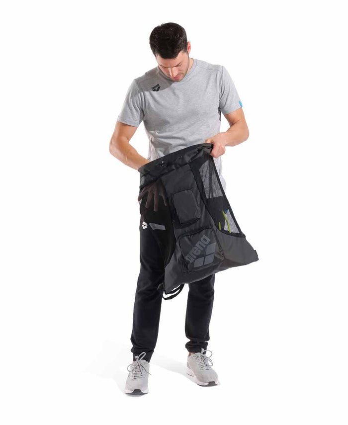 Black Arena All Set Mesh Bag with durable mesh material and adjustable straps, perfect for carrying sports gear and accessories.