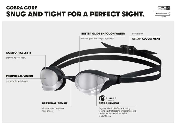 Arena Cobra Core Swipe Mirror Racing Goggles in violet and coral with reflective mirror lenses for competitive swimming.