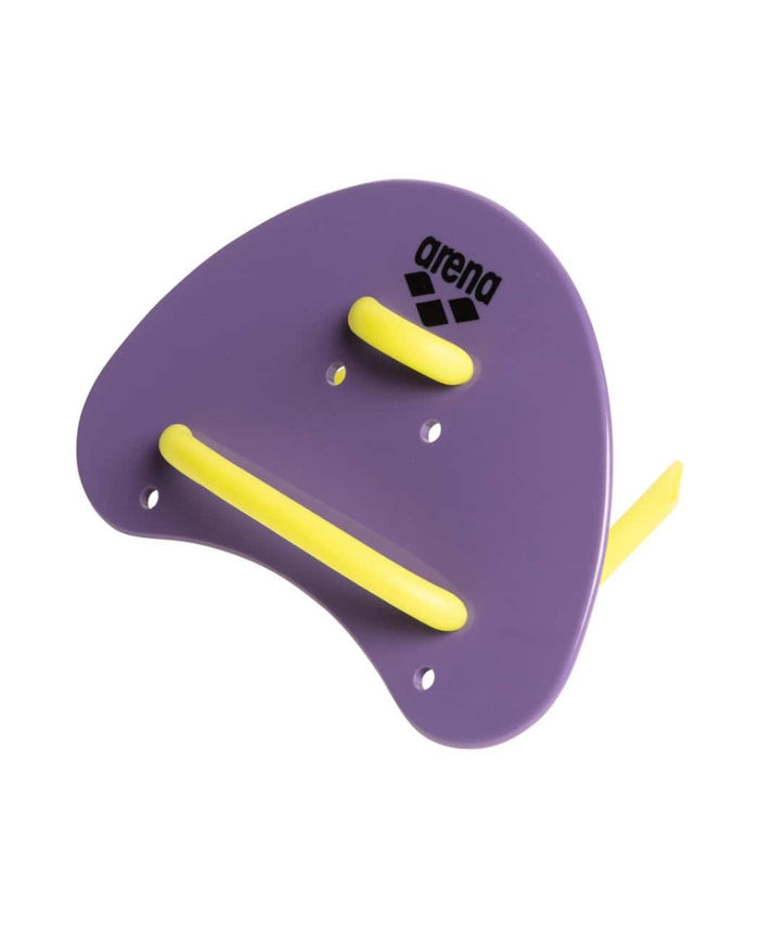 Arena Elite Finger Paddle in plum and lime colors, designed for water sports, shown with adjustable straps and textured surface.