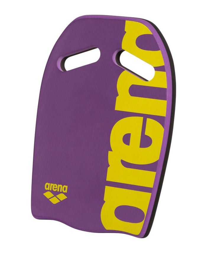 Arena Kickboard in plum and lime colors, designed for swimming training, showing a lightweight foam construction with adjustable straps.