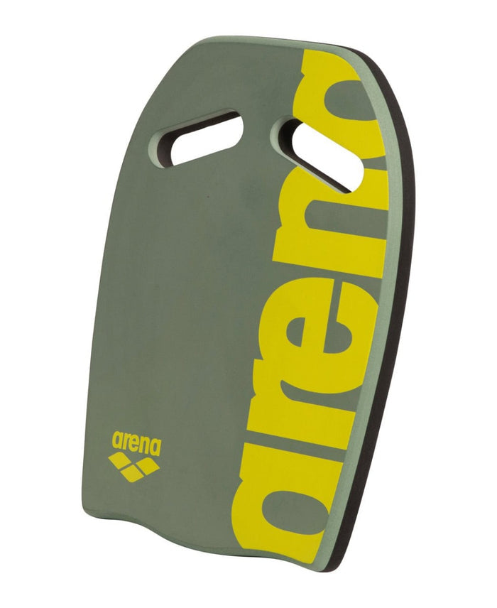 Arena kickboard in sage and lime colors, designed for swimming training, with a foam handle and durable construction.
