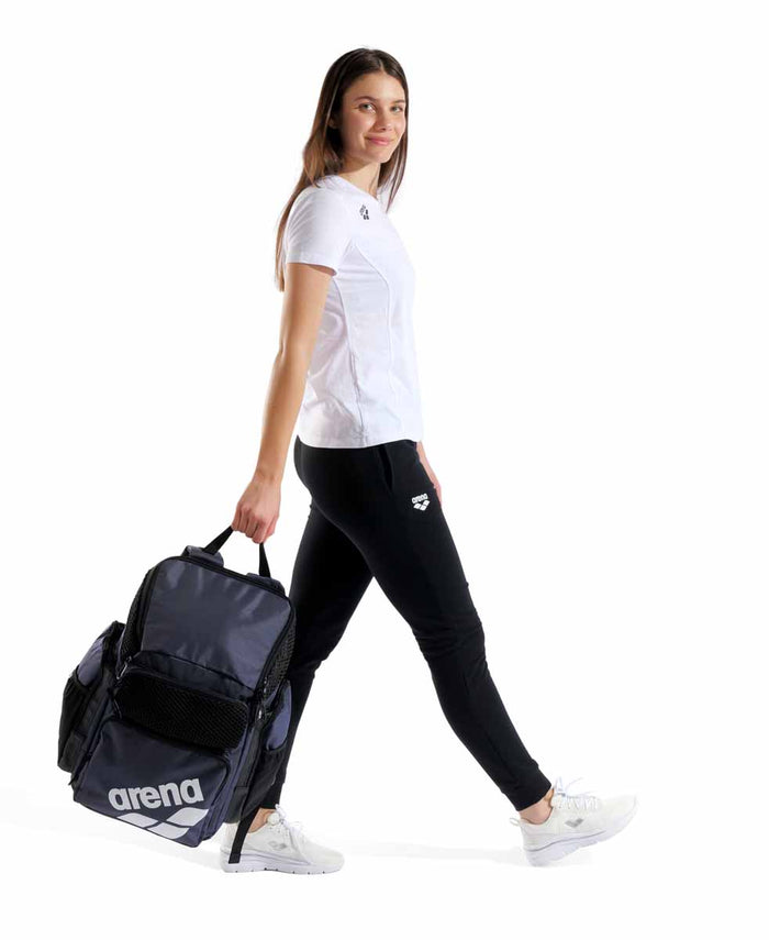 Arena One Go backpack in navy color with spacious 45L capacity, featuring adjustable straps and multiple compartments.