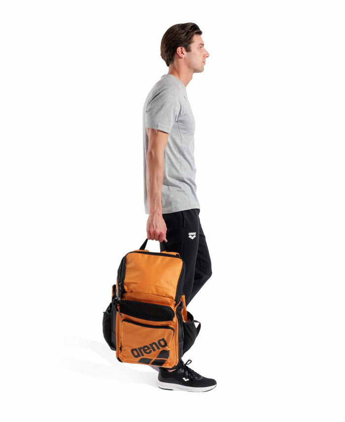 Arena One Go Backpack 45L in orange, a durable sports backpack with multiple compartments and adjustable straps.