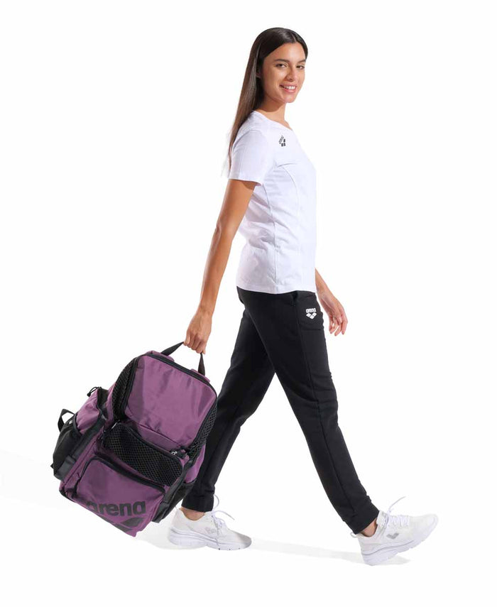 Arena One Go Backpack 45L in plum color, featuring adjustable straps and multiple compartments for versatile storage.