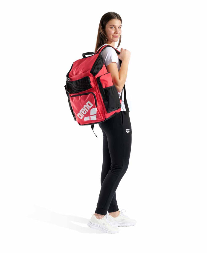 Red Arena One Go Backpack 45L, a durable travel bag with multiple compartments and adjustable straps, ideal for adventures.