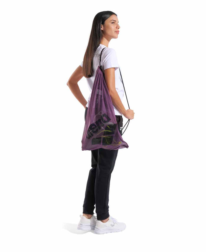 Arena One Go Mesh Bag in plum color, durable mesh material with adjustable straps for swimming gear storage.