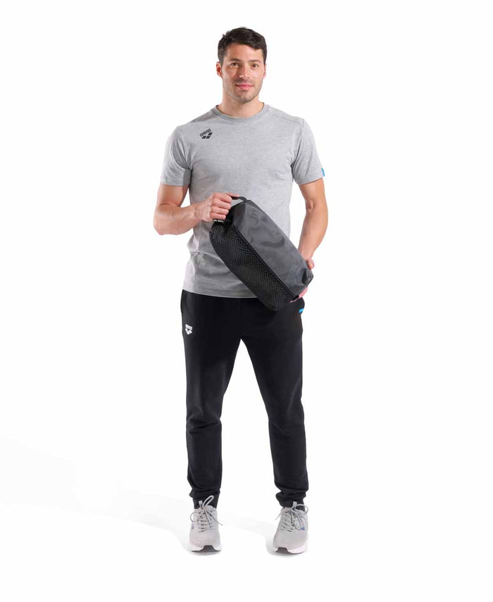 Black Arena One Go Pocket Swim Bag with compact design and adjustable strap for convenient carrying.