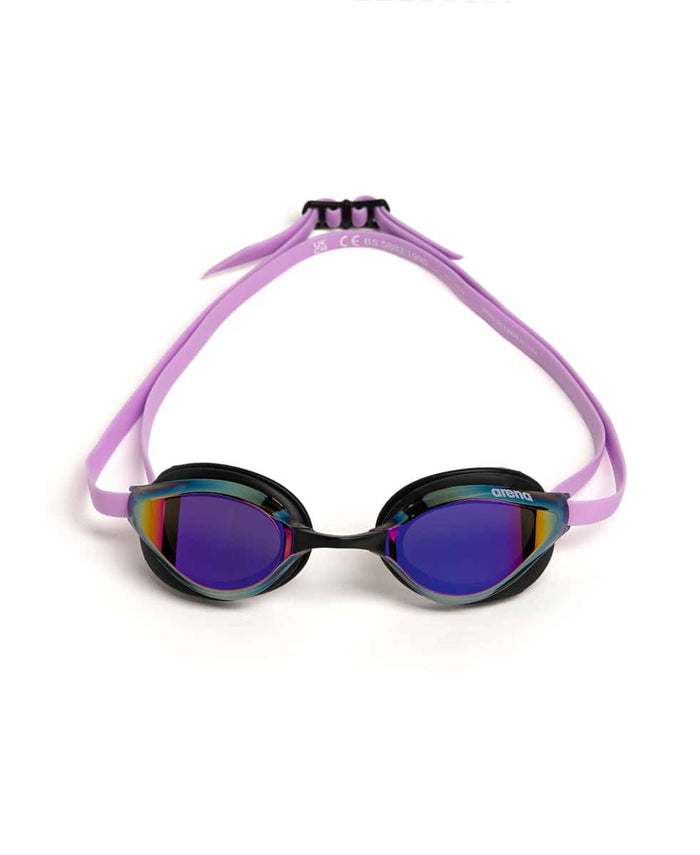 Arena Python Mirror Racing Goggles in violet and black with reflective lenses, designed for competitive swimming.