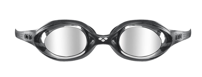 Black Arena Spider Junior mirror goggles with adjustable straps and tinted lenses for young swimmers.