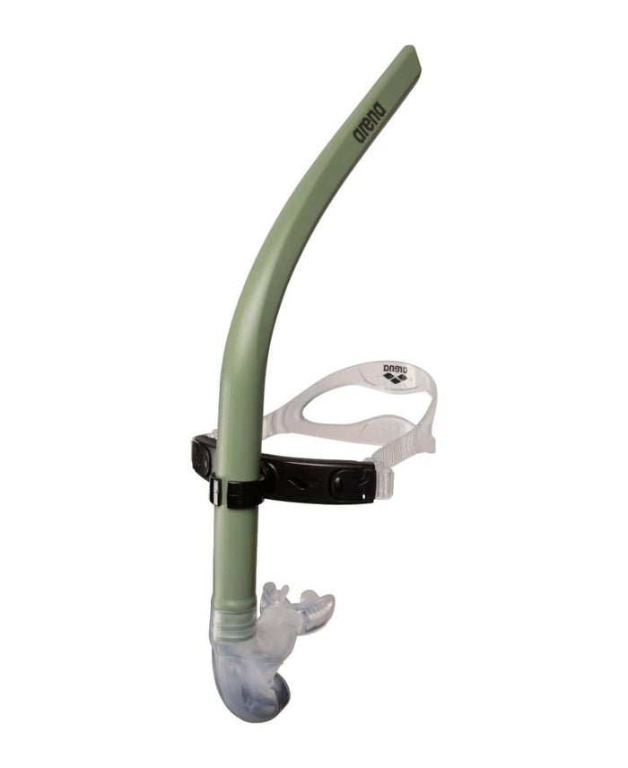 Arena Swim Snorkel III in sage and black, featuring adjustable straps and a comfortable mouthpiece for snorkeling.