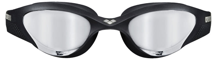 Arena The One Mirror Black goggles with reflective lenses, designed for competitive swimming.