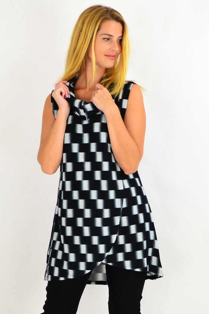 Black check fold-over front tunic top by Whispers, sleeveless design with a relaxed fit and casual style.