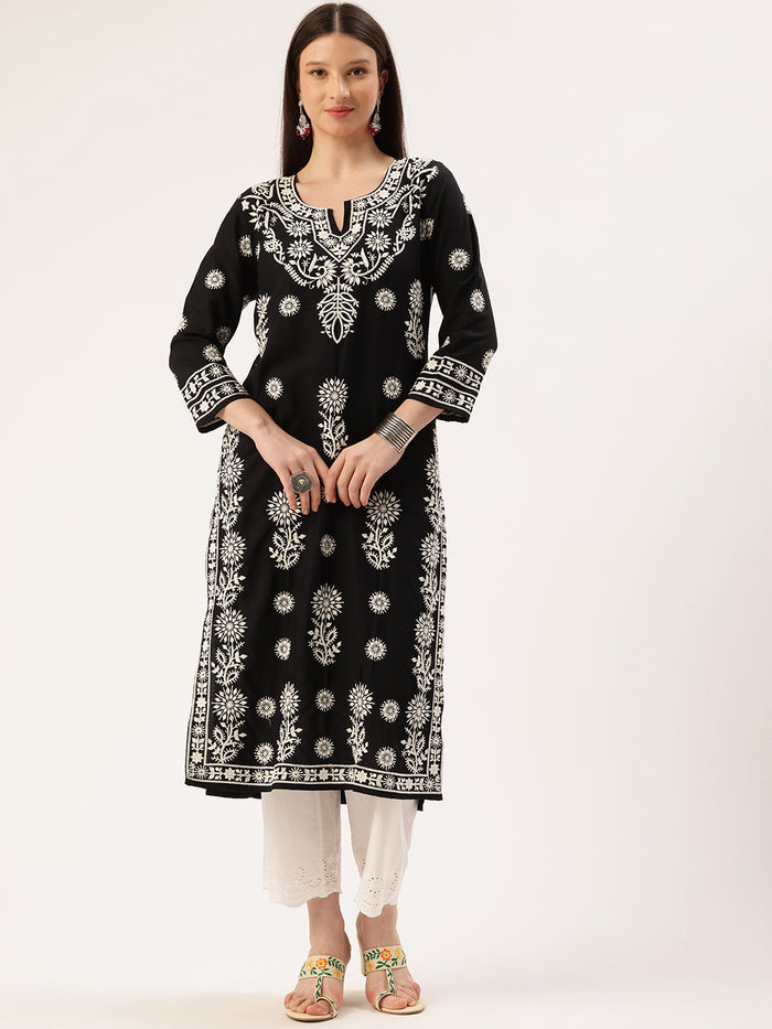 Black Floral Embroidered Thread Work Kurta, Embroidered Print, Mandarin Collar kurta, printed kurta