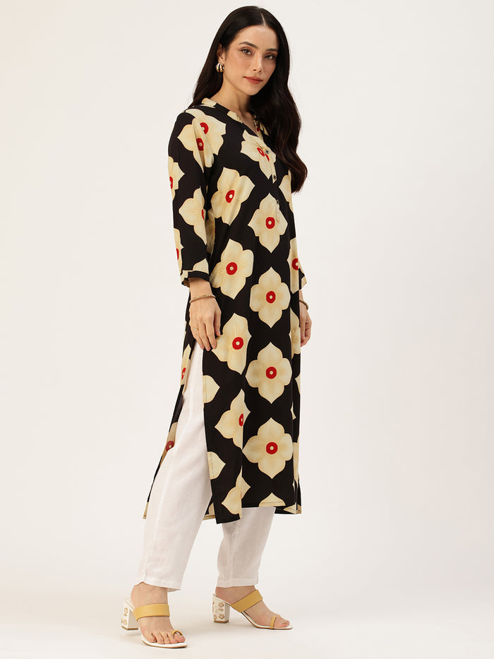 Black Floral Printed Kurta, Floral Print, Mandarin Collar kurta, printed kurta