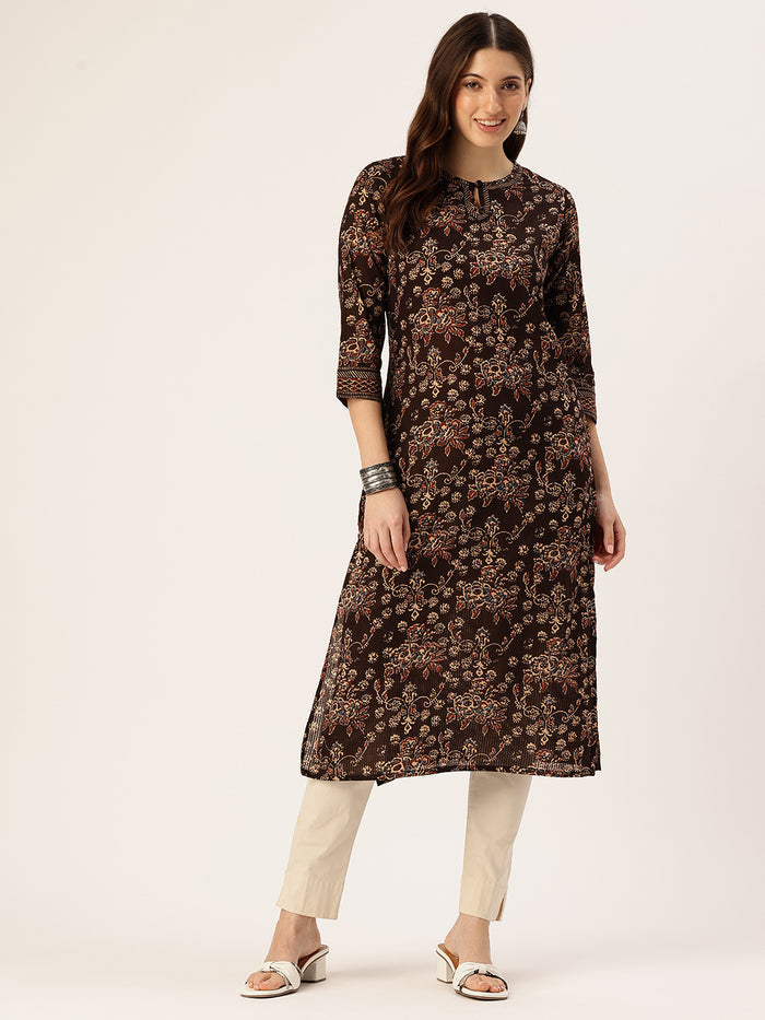 Black Floral Printed Mandarin Collar Pure Cotton Kurta, Kurta, Kurtis, Brown kurta