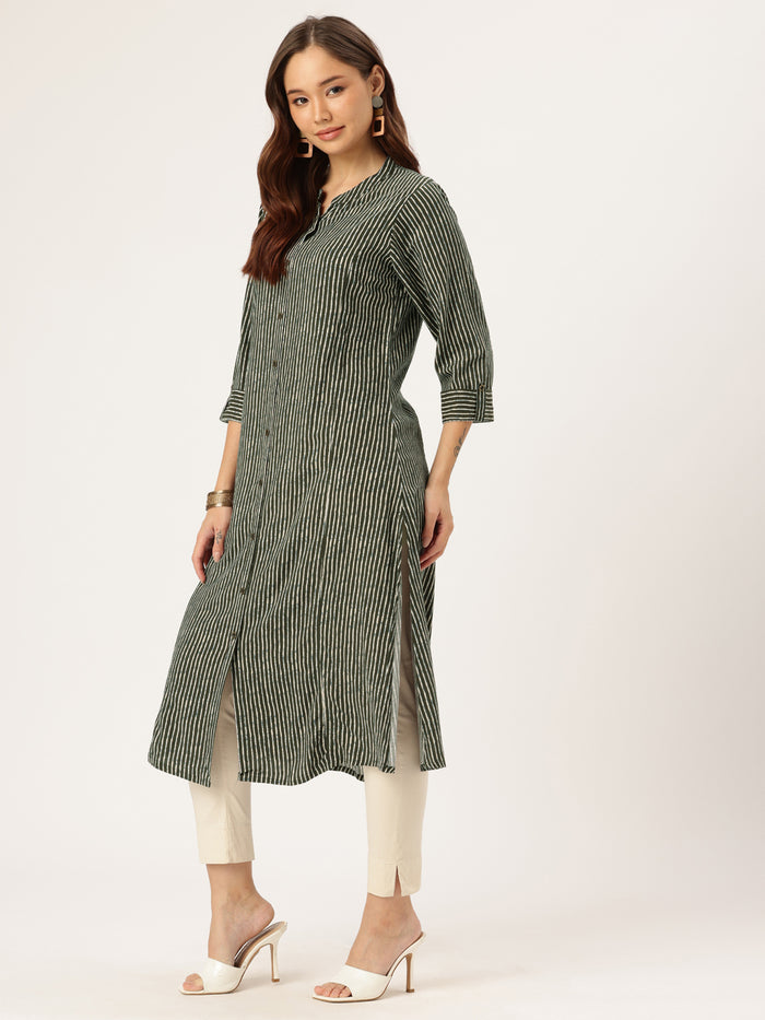 Black Striped A-Line Kurta, Princess Cur Kurta, A-Line Kurta, Striped Print, Mandarin Collar kurta, printed kurta