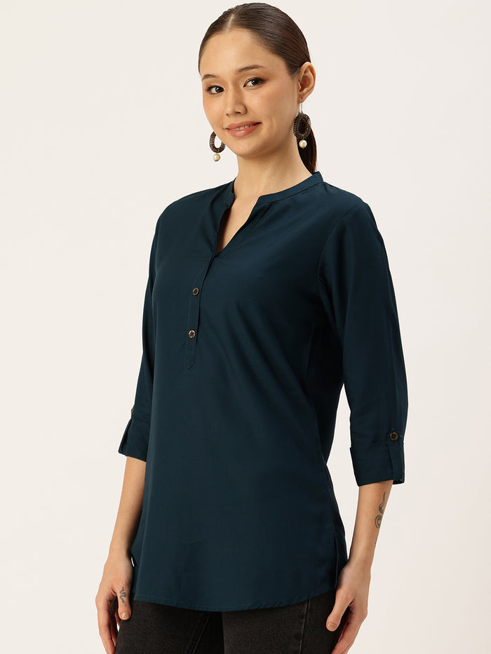 Blue Mandarin Collar Tunic, mandarin collar Tunic, casual wear Tunic, women’s tunic, Office Wear Tunic