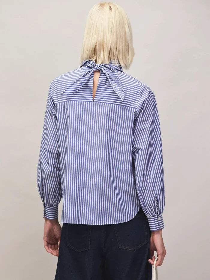 Blue stripe cotton shirt with scarf neckline.
