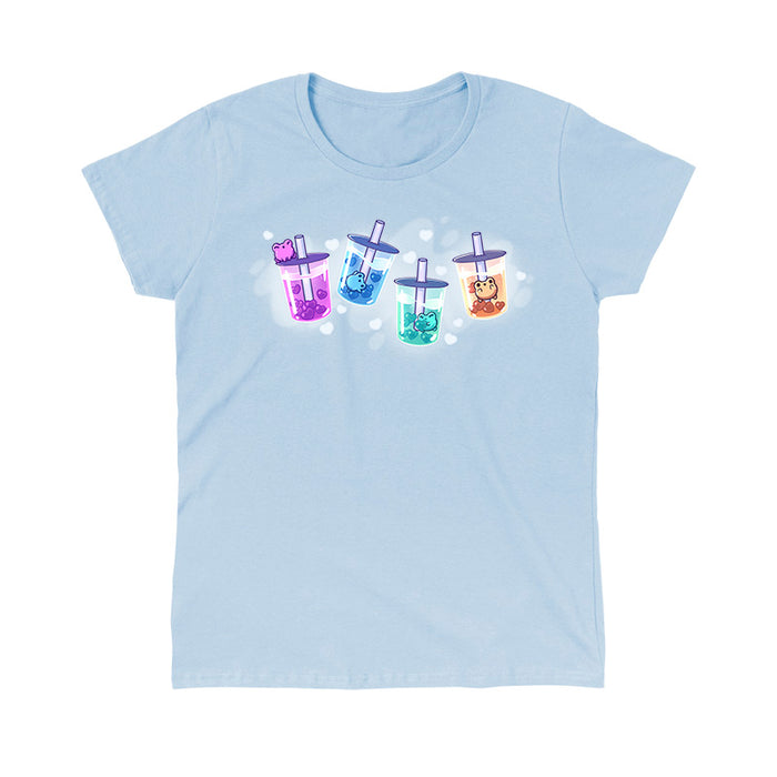 Classic Cotton T-shirt_TeeTurtle light blue Boba Froggies apparel featuring heart-shaped boba in different colors with little frogs swimming in the boba, or perched on top of the lid.