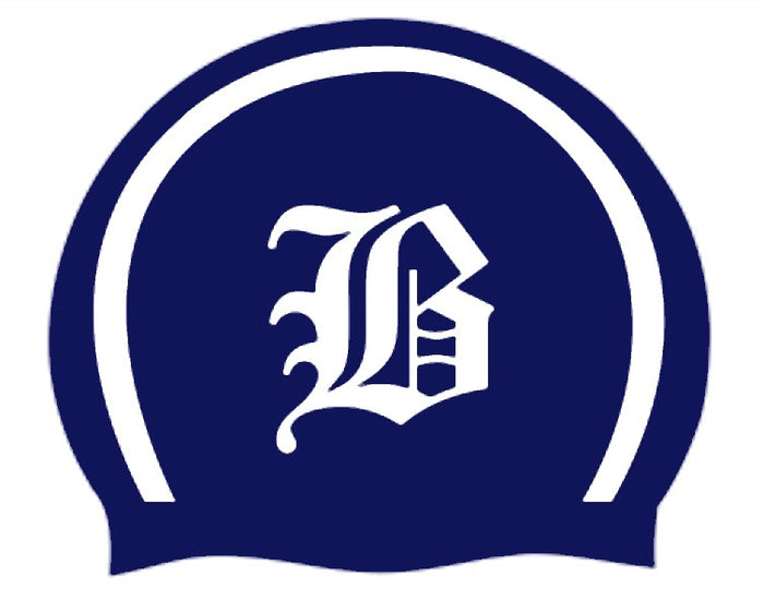 Navy and white Broadway Club Logo swimming cap by AK Club Kit, featuring the club's logo on a sleek silicone cap.