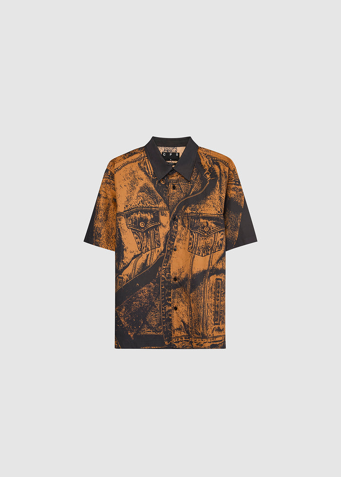 BROWN DENIM TEXTURE GRAPHIC PRINT SHIRT