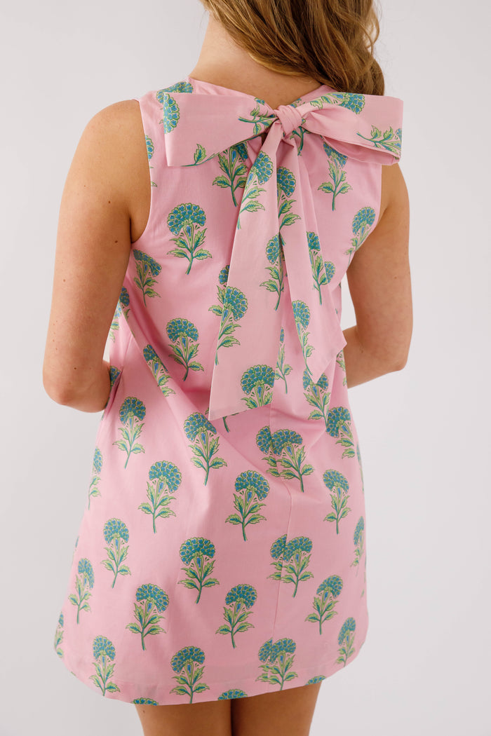 Vintage Looking Cotton Shift Dress- Preppy Pink Floral Shift Dress with Bow- Pretty Follies Pink and Green Floral Shift Dress