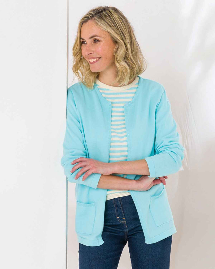 Carla Edge to Edge Pure Cotton Ladies Cardigan - Aqua - The Classic Boutique
