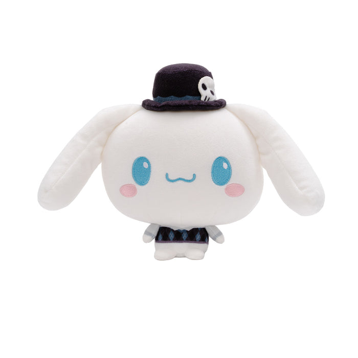 A Cinnamoroll Cloudheads plushie with long floppy ears, blue eyes, pink cheeks, and a small dark top hat with a skull detail, shown on a plain white background.