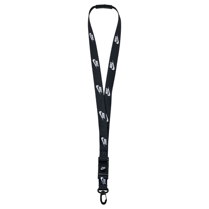 Black and white Nike Club Standard Lanyard with Nike logo and adjustable clip, designed for holding ID badges or keys.