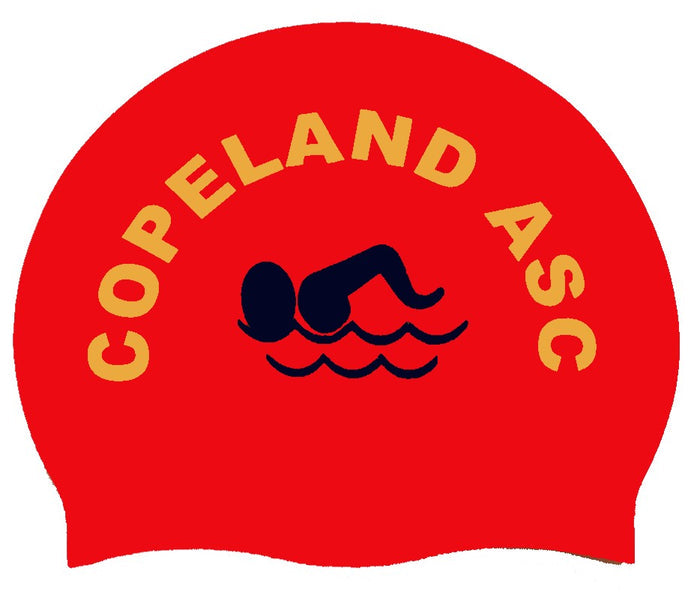 Red, yellow, and navy Copeland Club logo swimming cap by AK Club Kit, made of stretchy, waterproof material for swimming.