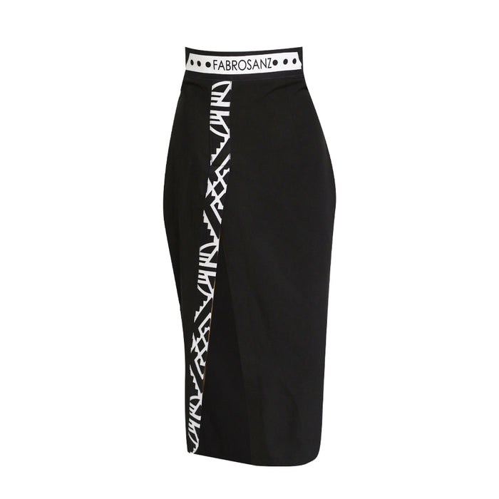 women’s black pencil skirt, African-inspired skirt design, FabroSanz workwear, modern heritage fashion, high-waisted skirt for women, Afro-chic fashion South Africa, printed panel skirt, stylish office skirts
