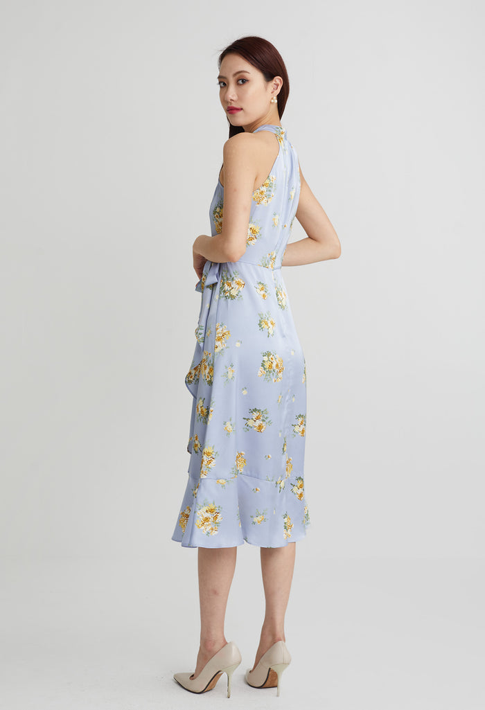 Fancy Cluster Floral Halter Ruffled Dress