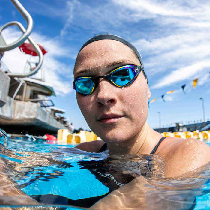 Finis Mach 1 Racing Goggle in Blue Cobalt with streamlined design, adjustable strap, and clear lenses for competitive swimming.