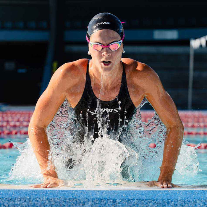 Finis Mach 1 Racing Goggle in Pink Opal with adjustable strap, designed for competitive swimming and clear water visibility.